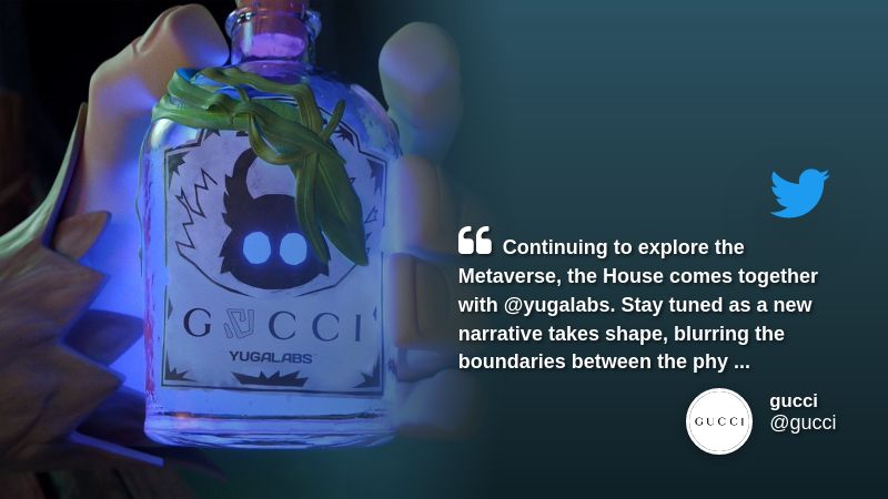 Continuing to explore the Metaverse, the House comes together with @yugalabs. Stay tuned as a new narrative takes shape, blurring the boundaries between the physical and digital., tags: gucci yuga - @gucci (twitter)