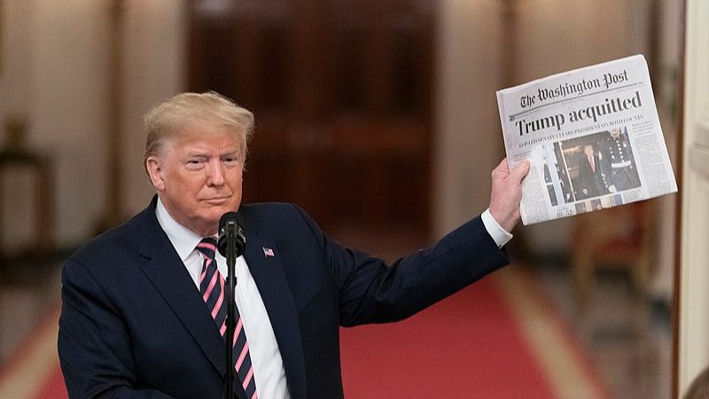 Trump displaying the headline 'Trump acquitted', tags: donald $1 million - CC BY-SA